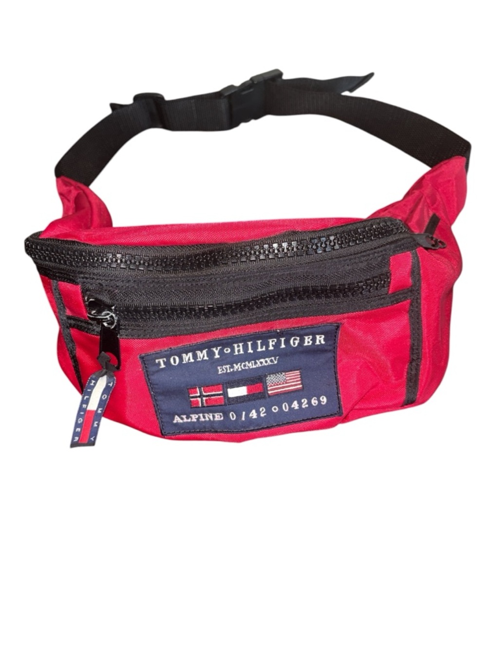 Vintage Tommy Hilfiger Alpine Red Belt Bag Black Trim Fanny pack 90s throwback